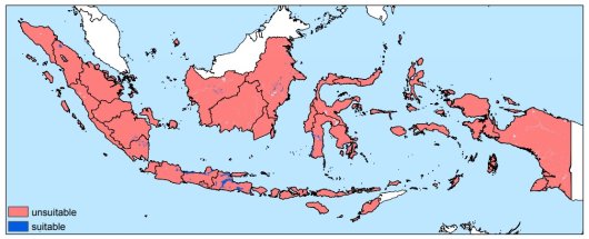 Figure 1: Land suitability for true shallot systems. Suitable if: Elevation<500 m, Slope<2%, 5.5<pH-H2O<7.5, SOM<10% and Clay<35%. Figure 1: Land suitability for true shallot systems. Suitable if: Elevation<500 m, Slope<2%, 5.5<pH-H2O<7.5, SOM<10% and Clay<35%.